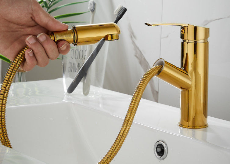 Single Hole Golden 360 Degree Pull Out Sink Faucet With Sprayer